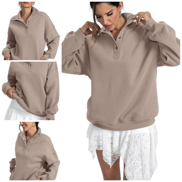 2026 Women' Fleece Sweatshirts Oversized Henley Neck Long Sleeve Pullover Tops - Picture 1 of 6